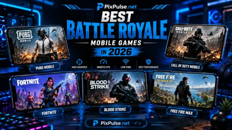 Best battle royale mobile games in 2026 including PUBG Mobile, COD Mobile, Fortnite, Blood Strike, and Free Fire MAX