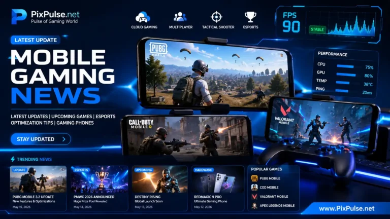 Latest mobile gaming news hero banner with Android gaming setup and esports visuals