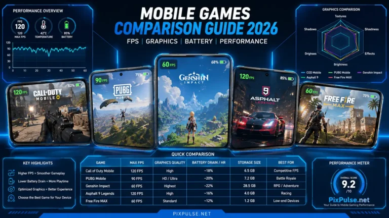 Mobile games comparison guide showing FPS, graphics, and gaming performance comparison on Android phones