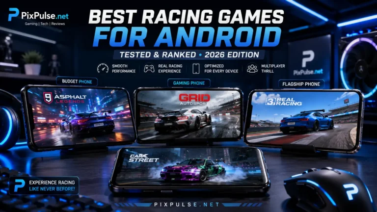 Best racing games for Android in 2026 displayed on gaming smartphones with PixPulse.net neon gaming theme