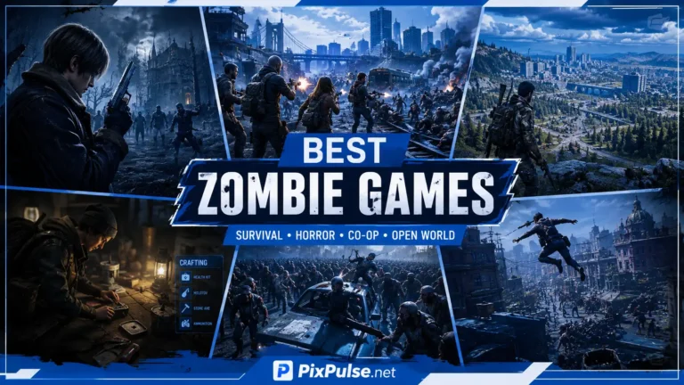 Best zombie games collage featuring survival horror, co-op gameplay, and open-world zombie action