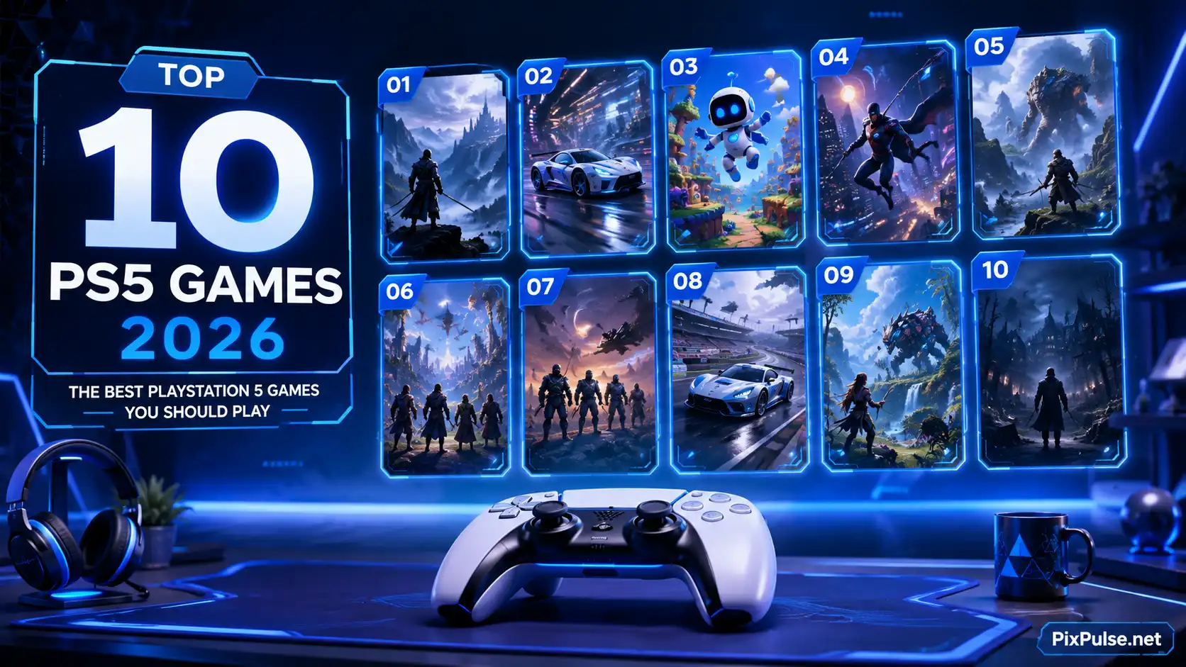 Best PS5 games 2026 featured image showing a futuristic gaming setup with original game-inspired artwork