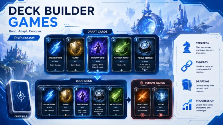 Deck builder games guide showing cards, deck building strategy, and tactical gameplay