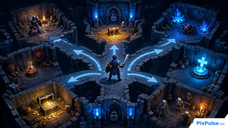 Roguelike games guide showing a fantasy dungeon, character, enemies, items, and changing paths