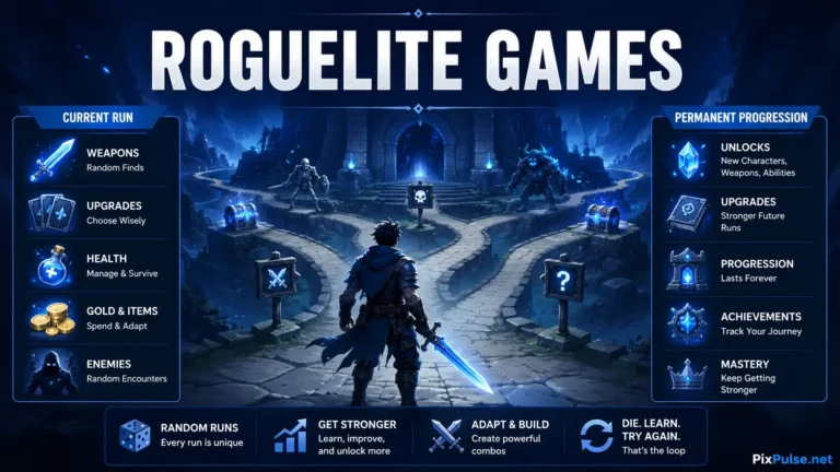 Roguelite games guide showing a hero preparing for a randomized game run