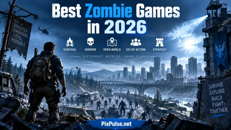 Survivor facing zombies in a ruined city for a best zombie games 2026 guide