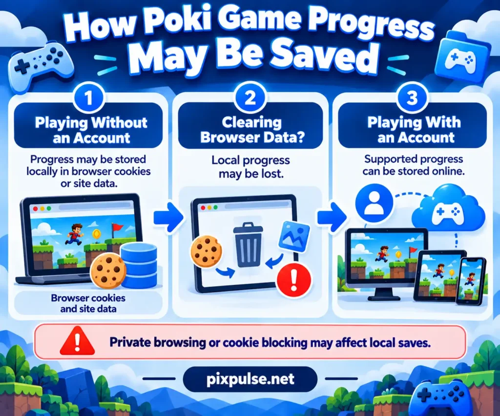 Diagram showing local browser saves and account-based progress on Poki.
