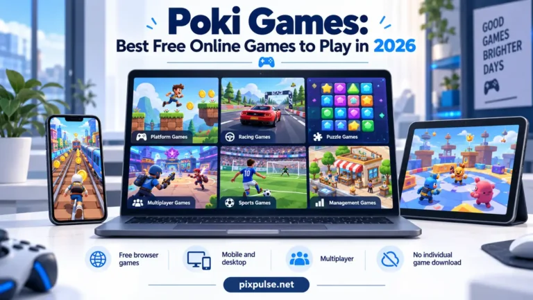 Browser gaming guide showing free games on desktop, phone, and tablet.