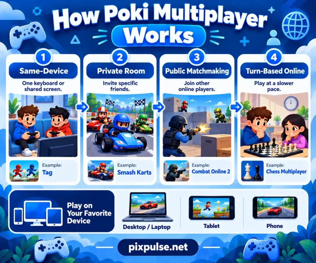 Poki multiplayer types including same-device play, private rooms, matchmaking, and turn-based games.