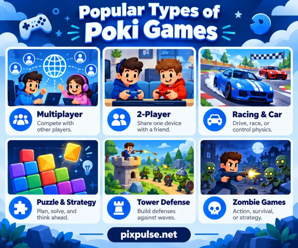 Popular Poki game categories including multiplayer, racing, puzzle, tower defense, and zombie games.