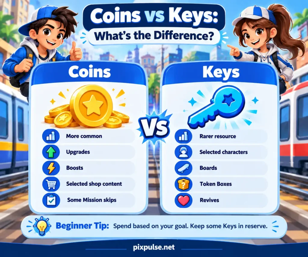 Comparison of Coins and Keys and their main uses in Subway Surfers