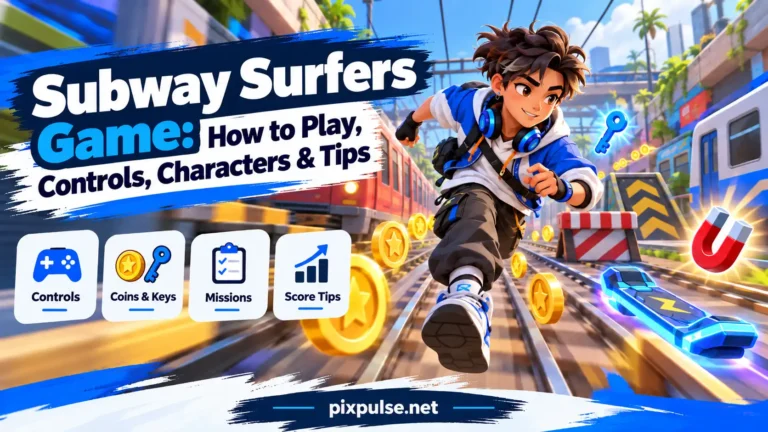 Illustrated endless runner game guide with trains, coins, controls, and score tips