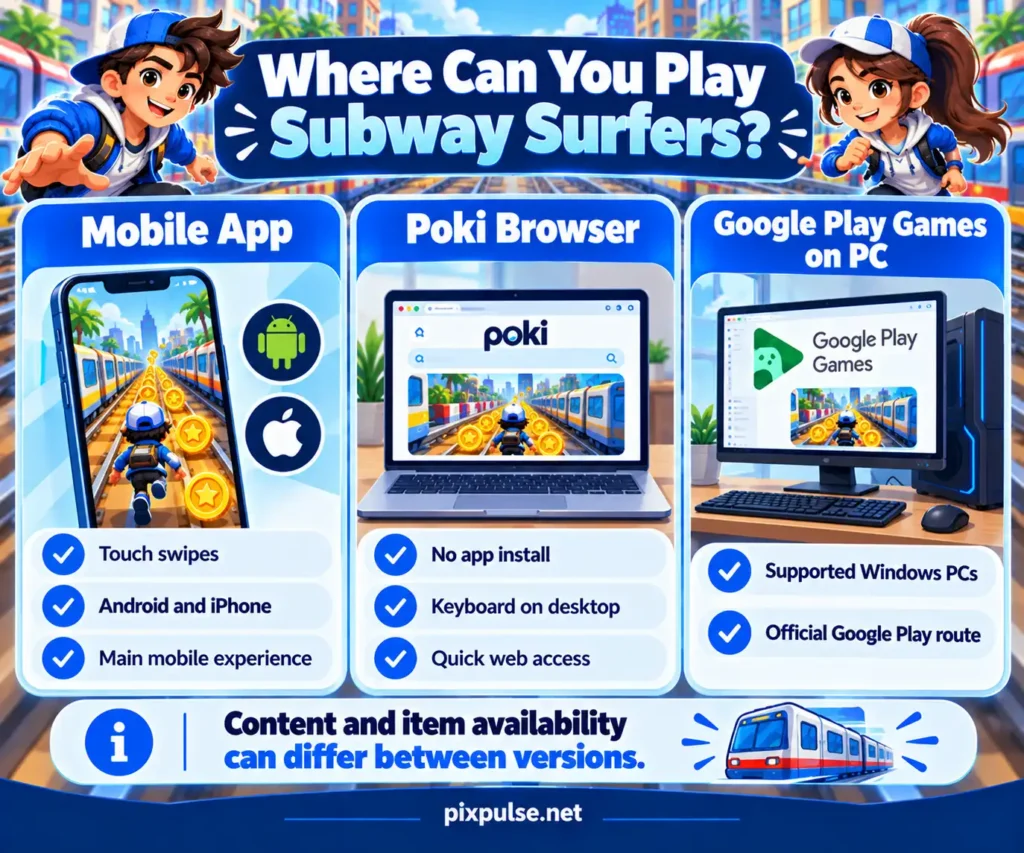 Comparison of Subway Surfers on mobile, Poki browser, and Windows PC