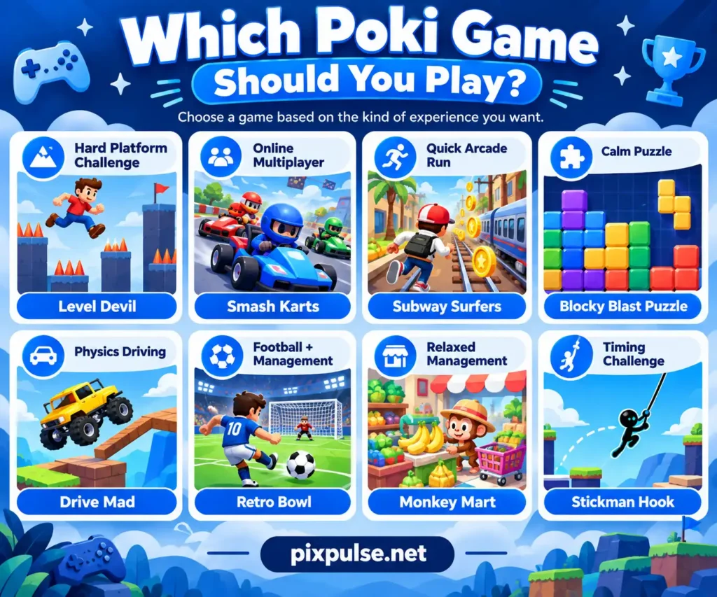 Game chooser matching popular Poki titles with different play styles.